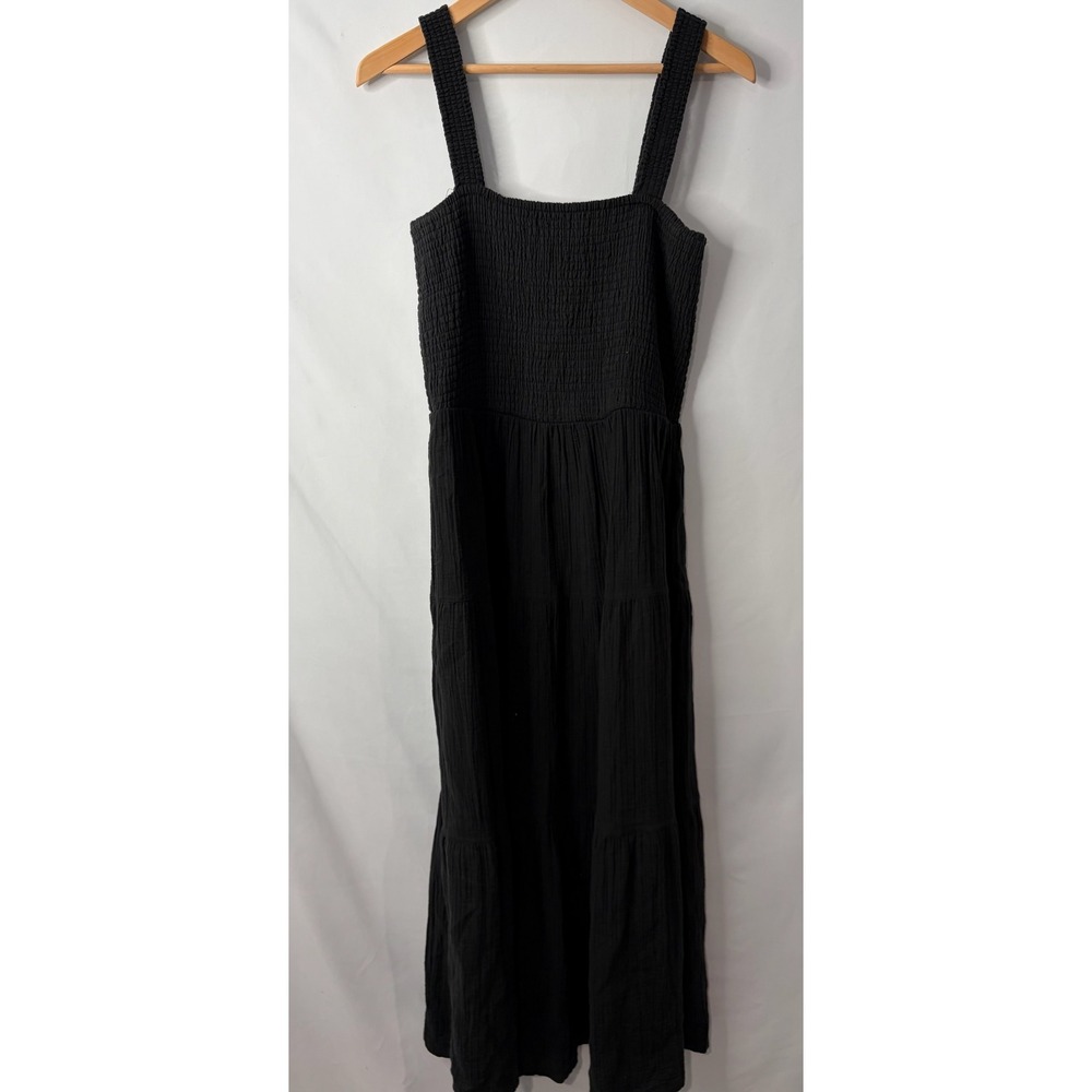 Quince Black Organic Cotton Gauze Smocked Tiered Maxi Dress Sz M Boho Minimalist